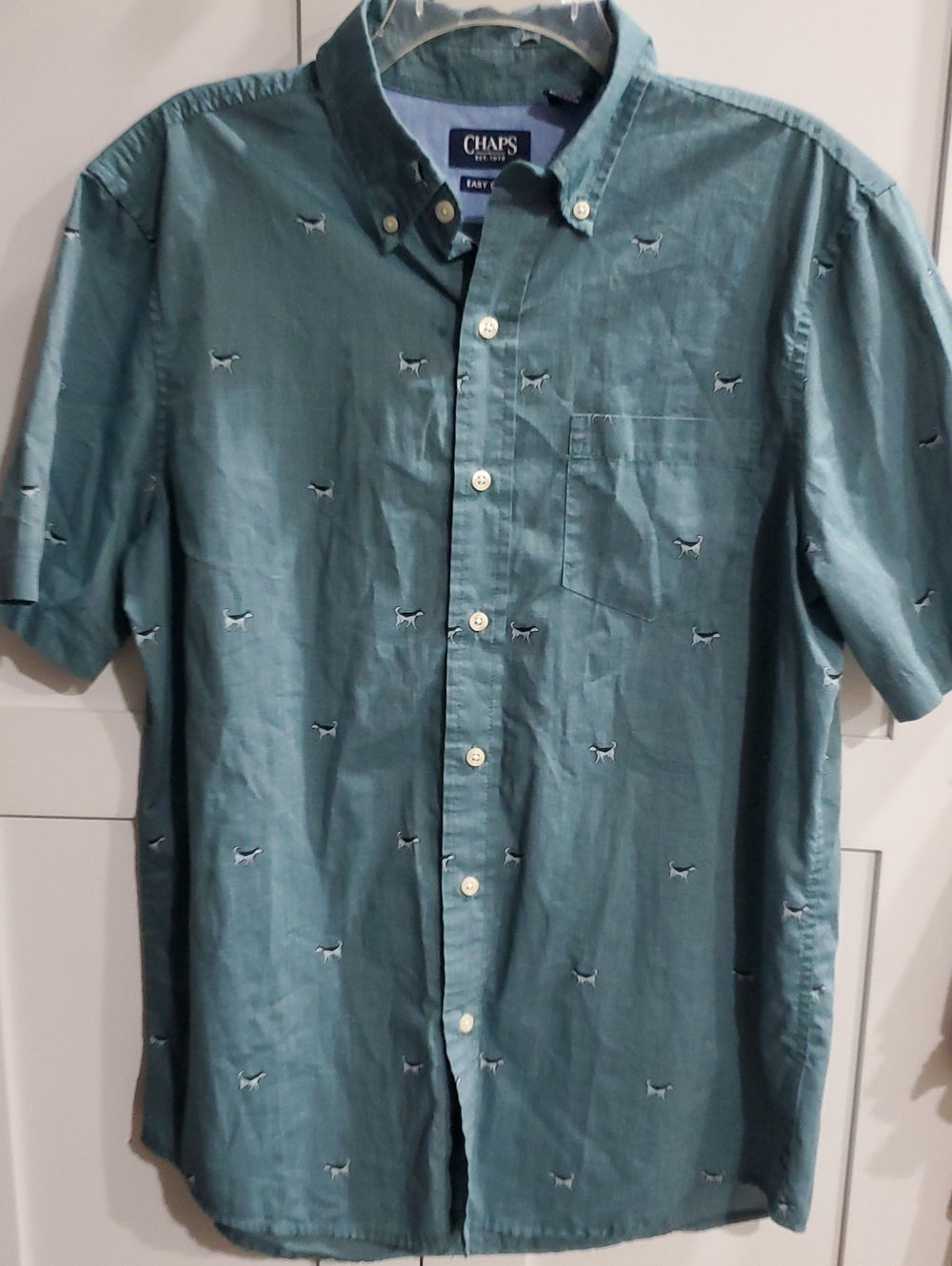 Chaps Teal Button-Down Short-Sleeve Shirt with Tiny Dog Embroidery